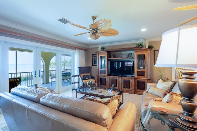 250 W Seaview Cir, Duck, FL 33050 - living area with ceiling fan, french doors, recessed lighting, visible vents, and ornamental molding