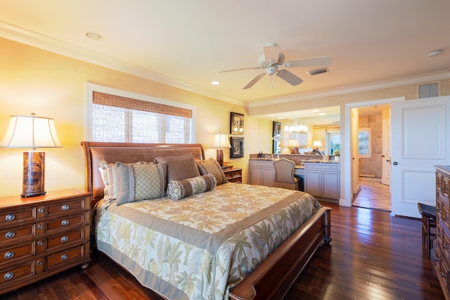 bedroom featuring dark wood-style flooring, visible vents, and crown molding