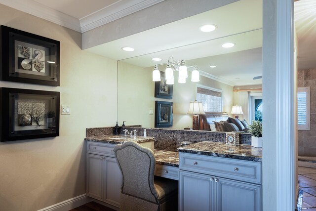 full bath featuring double vanity, decorative backsplash, crown molding, and recessed lighting