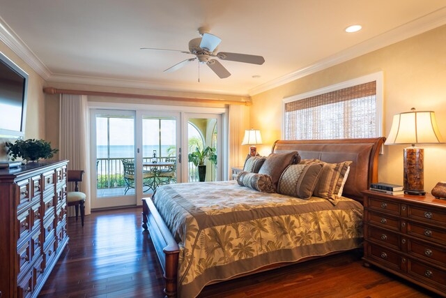bedroom with crown molding, access to exterior, a ceiling fan, and dark wood finished floors
