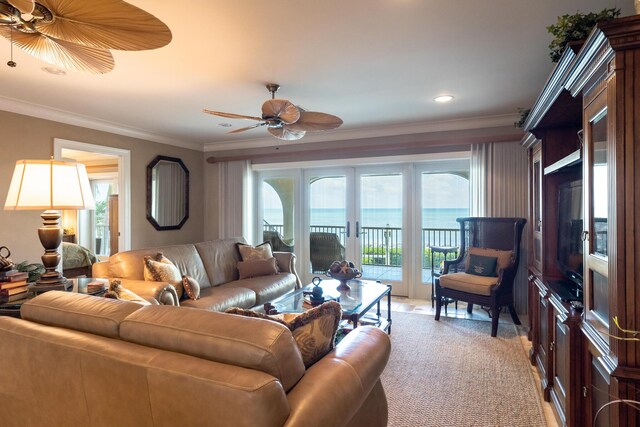 living area featuring recessed lighting, ornamental molding, a ceiling fan, and french doors