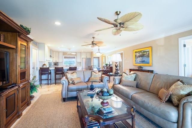 250 W Seaview Cir, Duck, FL 33050 - living area with recessed lighting, ornamental molding, ceiling fan, and french doors
