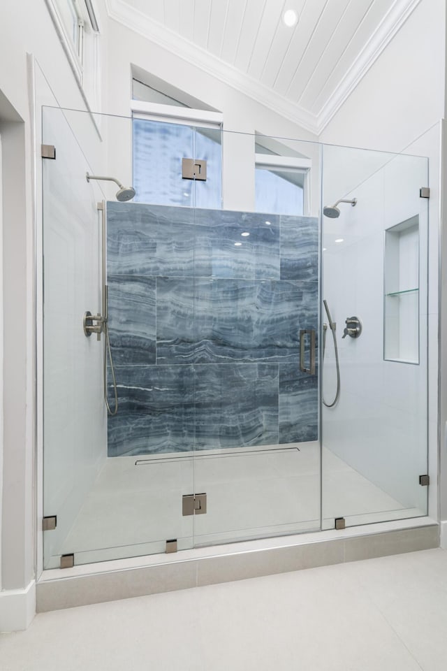 full bath with crown molding, a shower stall, and recessed lighting