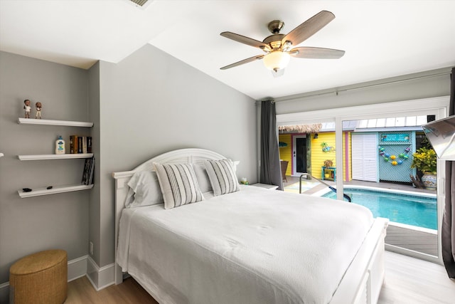 bedroom featuring ceiling fan and light wood-type flooring