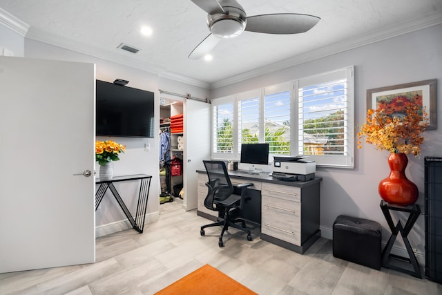 home office featuring ceiling fan and ornamental molding