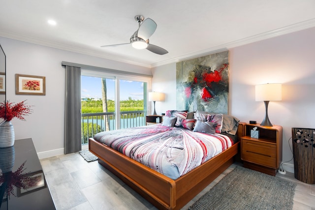 bedroom with ornamental molding, radiator, access to outside, and ceiling fan