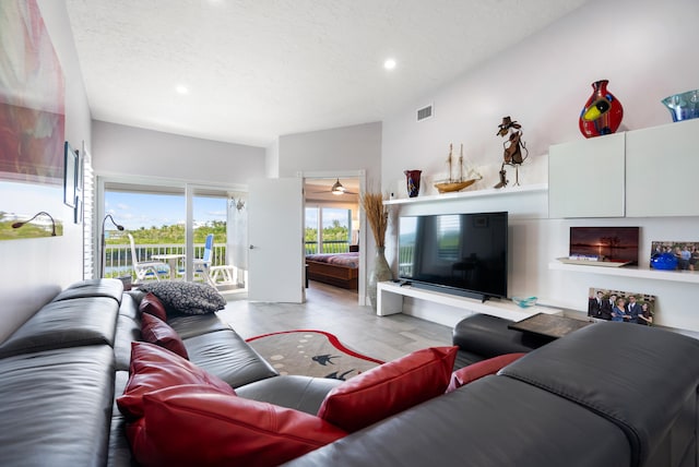 living room featuring a textured ceiling