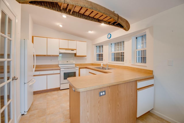 28212 Gato Rd, Little Torch, FL 33042 - kitchen featuring white appliances, a peninsula, under cabinet range hood, light countertops, and white cabinets