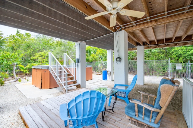 28212 Gato Rd, Little Torch, FL 33042 - wooden terrace with a hot tub, a fenced backyard, ceiling fan, and stairs