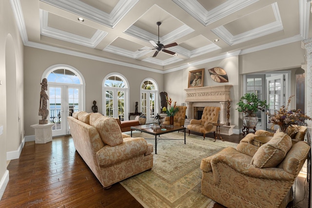 69 Cannon Royal Dr, Shark Key, FL 33040 - living room featuring french doors, coffered ceiling, a ceiling fan, and hardwood / wood-style flooring