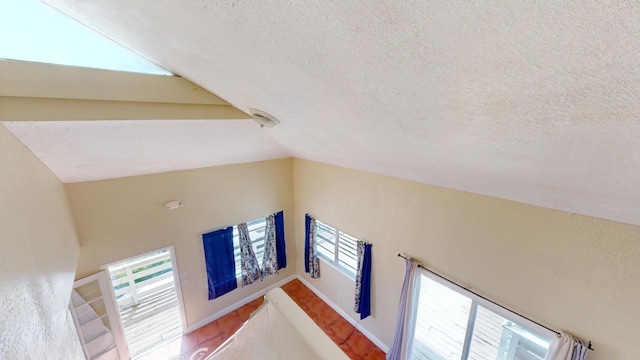 interior space with lofted ceiling, plenty of natural light, and a textured ceiling