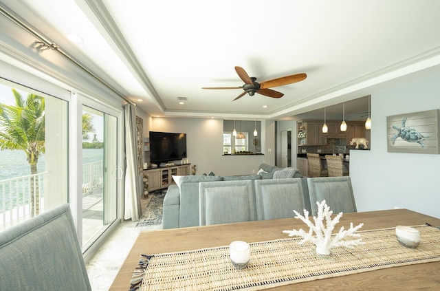 dining space with ceiling fan and a tray ceiling