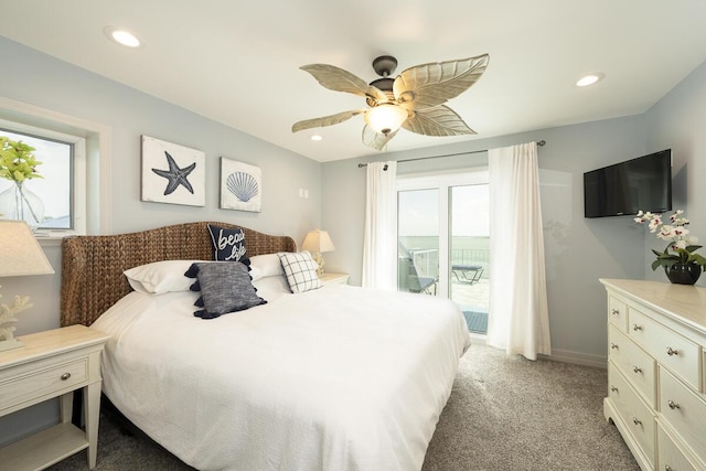 bedroom with carpet floors, access to outside, and ceiling fan