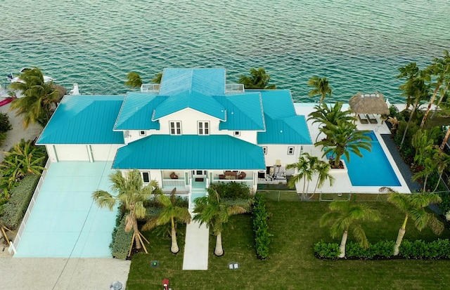 aerial view featuring a water view