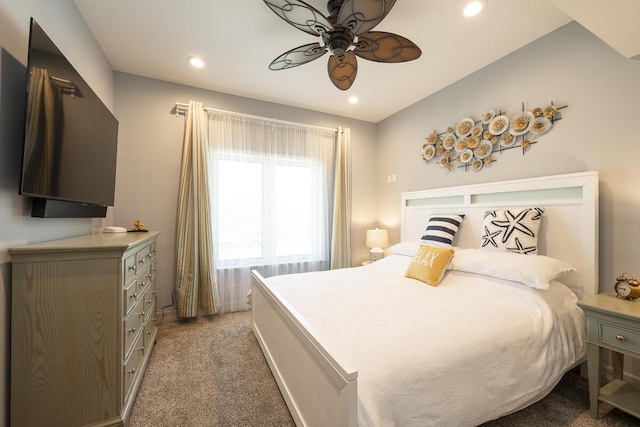 carpeted bedroom with ceiling fan