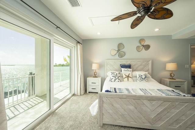 carpeted bedroom with access to outside and ceiling fan