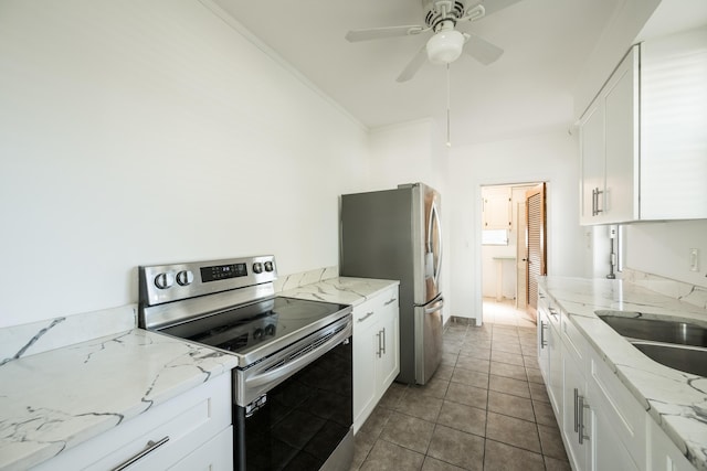 kitchen featuring a sink, appliances with stainless steel finishes, white cabinets, and ceiling fan