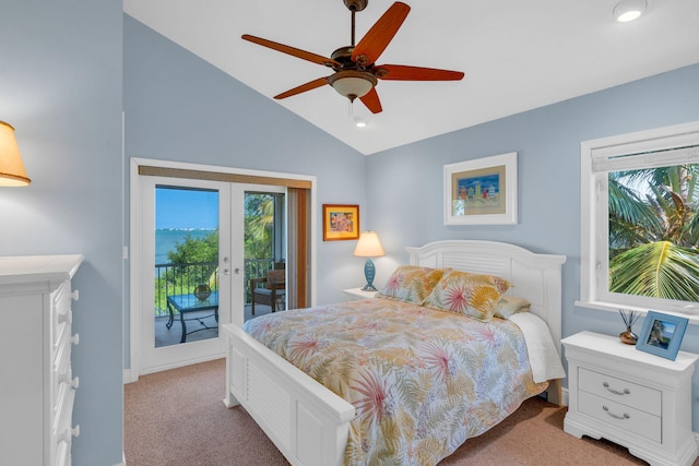 bedroom featuring french doors, lofted ceiling, access to outside, ceiling fan, and light colored carpet