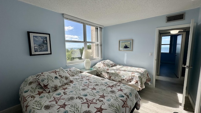 bedroom featuring multiple windows, wood-type flooring, and a textured ceiling