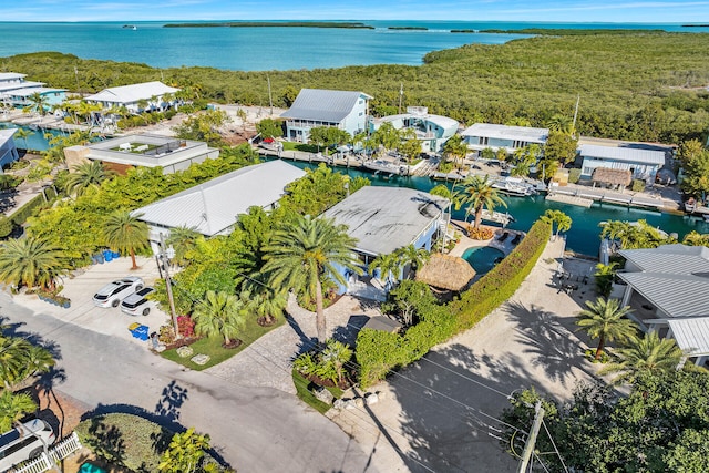 drone / aerial view with a water view