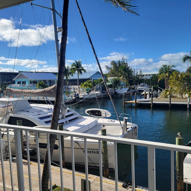 view of water feature with a dock