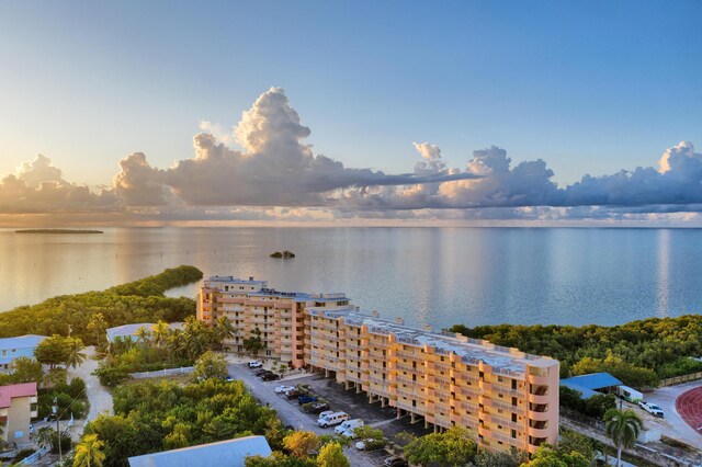 aerial view at dusk featuring a water view