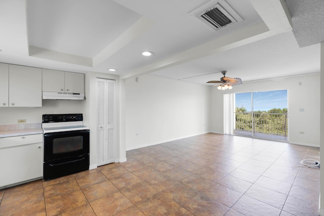 kitchen featuring tile patterned floors, range with electric stovetop, a raised ceiling, beamed ceiling, and ceiling fan