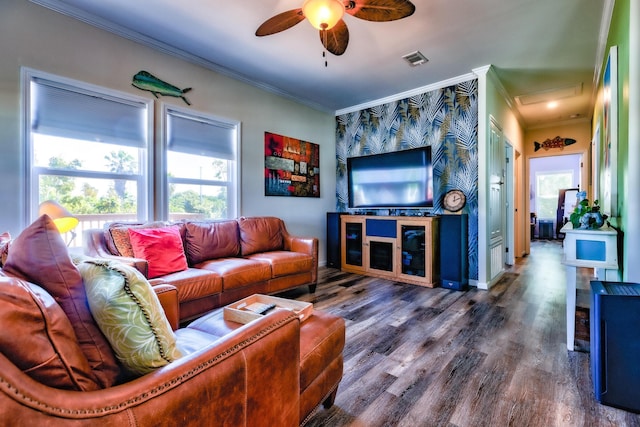 living area featuring ceiling fan, visible vents, crown molding, and wood finished floors