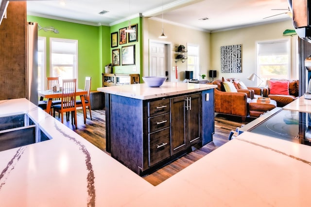 kitchen featuring visible vents, dark wood-style flooring, a wealth of natural light, and crown molding