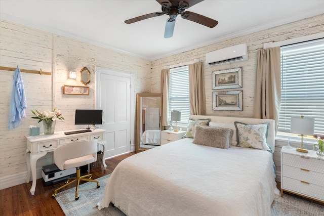 1030 James St, Key West, FL 33040 - bedroom featuring a wall mounted AC, crown molding, wood finished floors, baseboards, and a ceiling fan