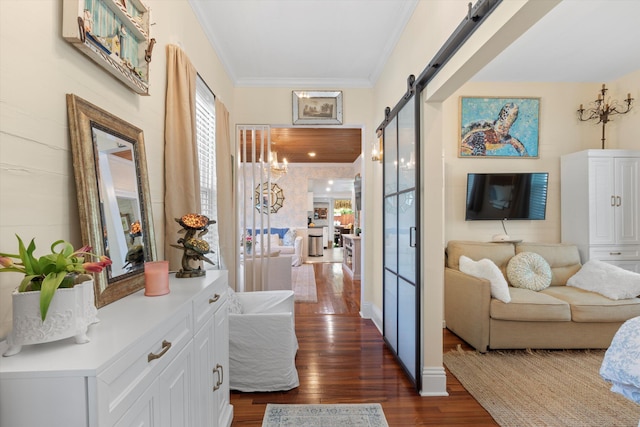 1030 James St, Key West, FL 33040 - hallway featuring a barn door, dark wood-style flooring, and ornamental molding