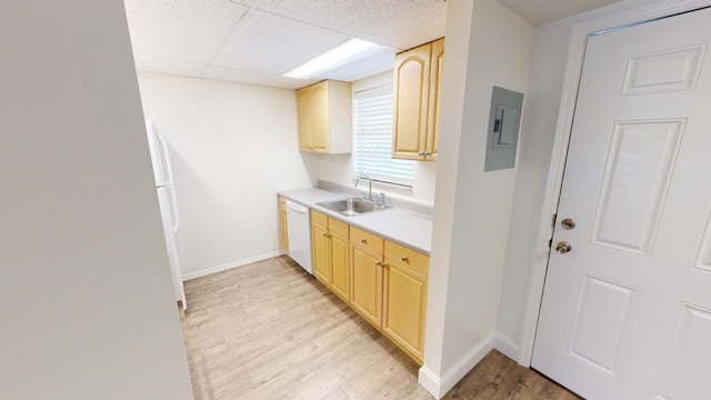 kitchen with electric panel, white dishwasher, a sink, and light brown cabinets