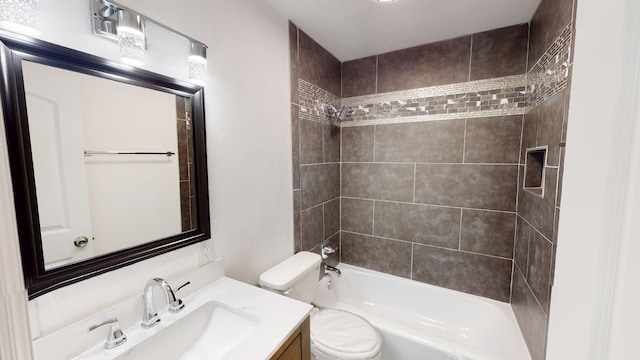 bathroom with bathing tub / shower combination, vanity, and toilet