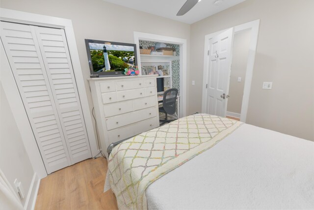 bedroom featuring ceiling fan and light hardwood / wood-style flooring