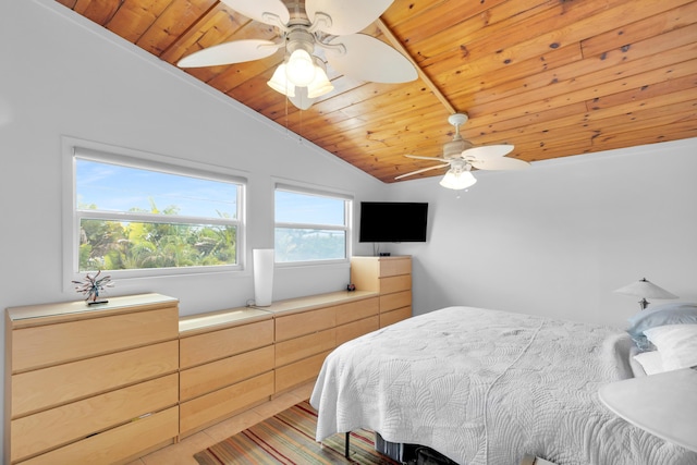 bedroom with ceiling fan, lofted ceiling, and wooden ceiling