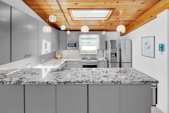 kitchen featuring wood ceiling, appliances with stainless steel finishes, gray cabinets, and hanging light fixtures