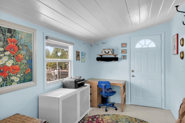 tiled home office with wood ceiling and lofted ceiling