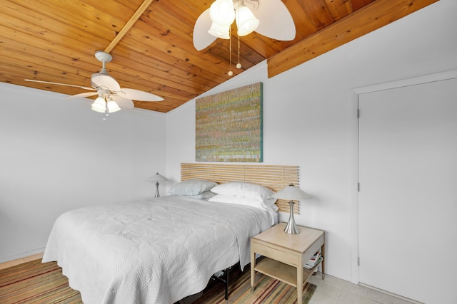 bedroom featuring vaulted ceiling, wooden ceiling, ceiling fan, and light tile patterned flooring