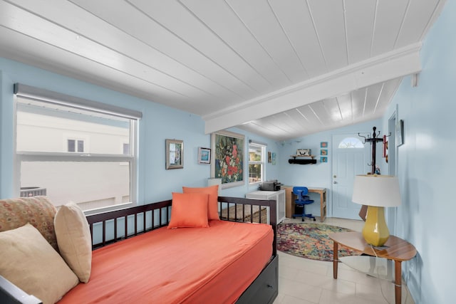 bedroom with wood ceiling and lofted ceiling with beams