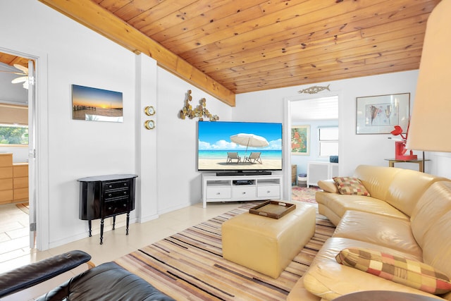 living room with wood ceiling, vaulted ceiling, and light tile patterned flooring