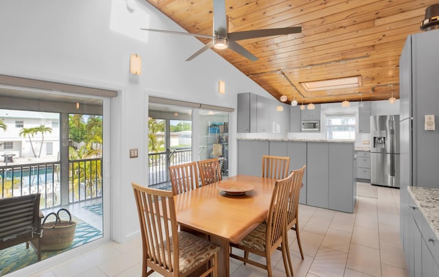 tiled dining room with ceiling fan, wooden ceiling, and high vaulted ceiling