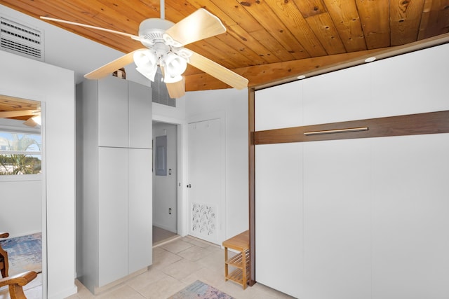 tiled bedroom with ceiling fan, electric panel, and wooden ceiling