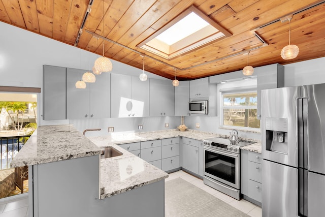 kitchen with sink, appliances with stainless steel finishes, gray cabinetry, decorative light fixtures, and kitchen peninsula