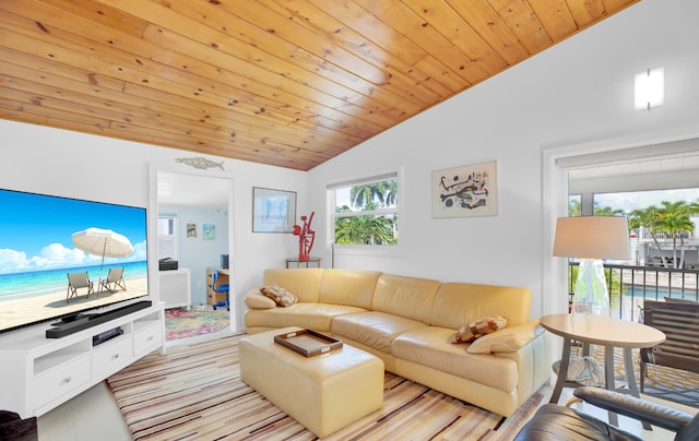 living room with vaulted ceiling and wooden ceiling