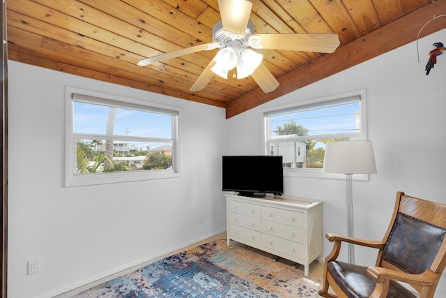 sitting room featuring wood ceiling, lofted ceiling with beams, and ceiling fan