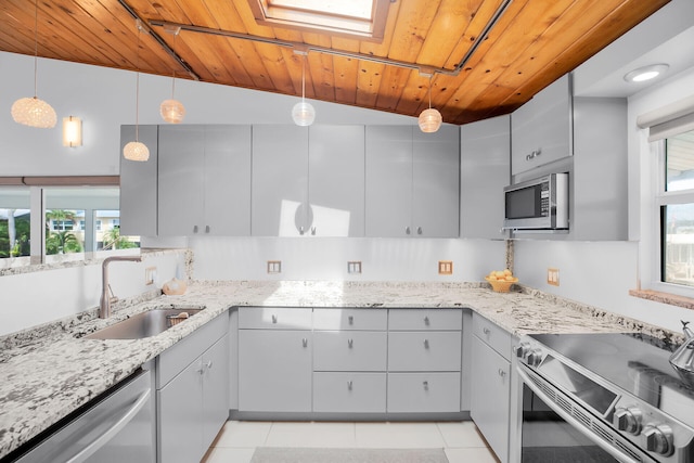 kitchen featuring sink, appliances with stainless steel finishes, light tile patterned flooring, decorative light fixtures, and wooden ceiling