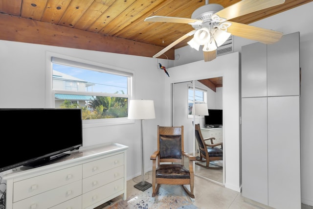 sitting room with wood ceiling, ceiling fan, beam ceiling, and light tile patterned flooring