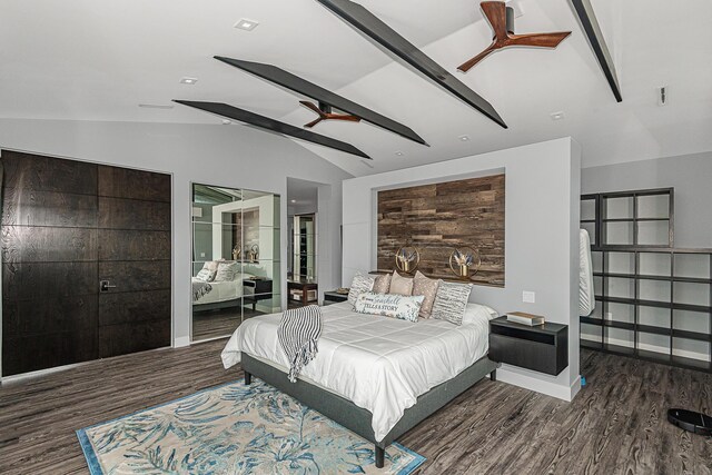 68 Mutiny Pl, Key Largo, FL 33037 - bedroom featuring vaulted ceiling with beams, dark hardwood / wood-style floors, and ceiling fan