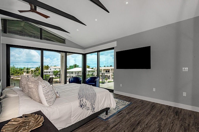 bedroom featuring wood-type flooring, access to exterior, and vaulted ceiling with beams