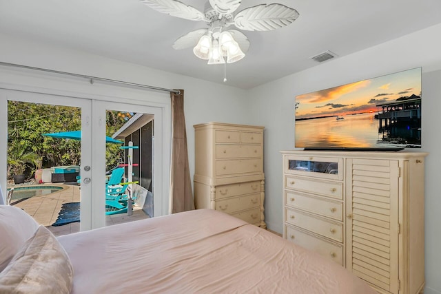 bedroom featuring access to exterior, ceiling fan, and french doors